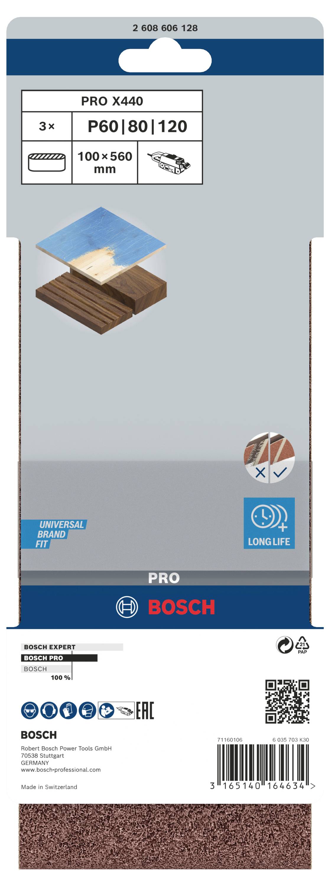 Schleifpapier-Set von Bosch, 3 Körnungen: P60, 80, 120, Größe 100x560 mm. Geeignet für Holz und Metall. Enthält 3 Blätter.