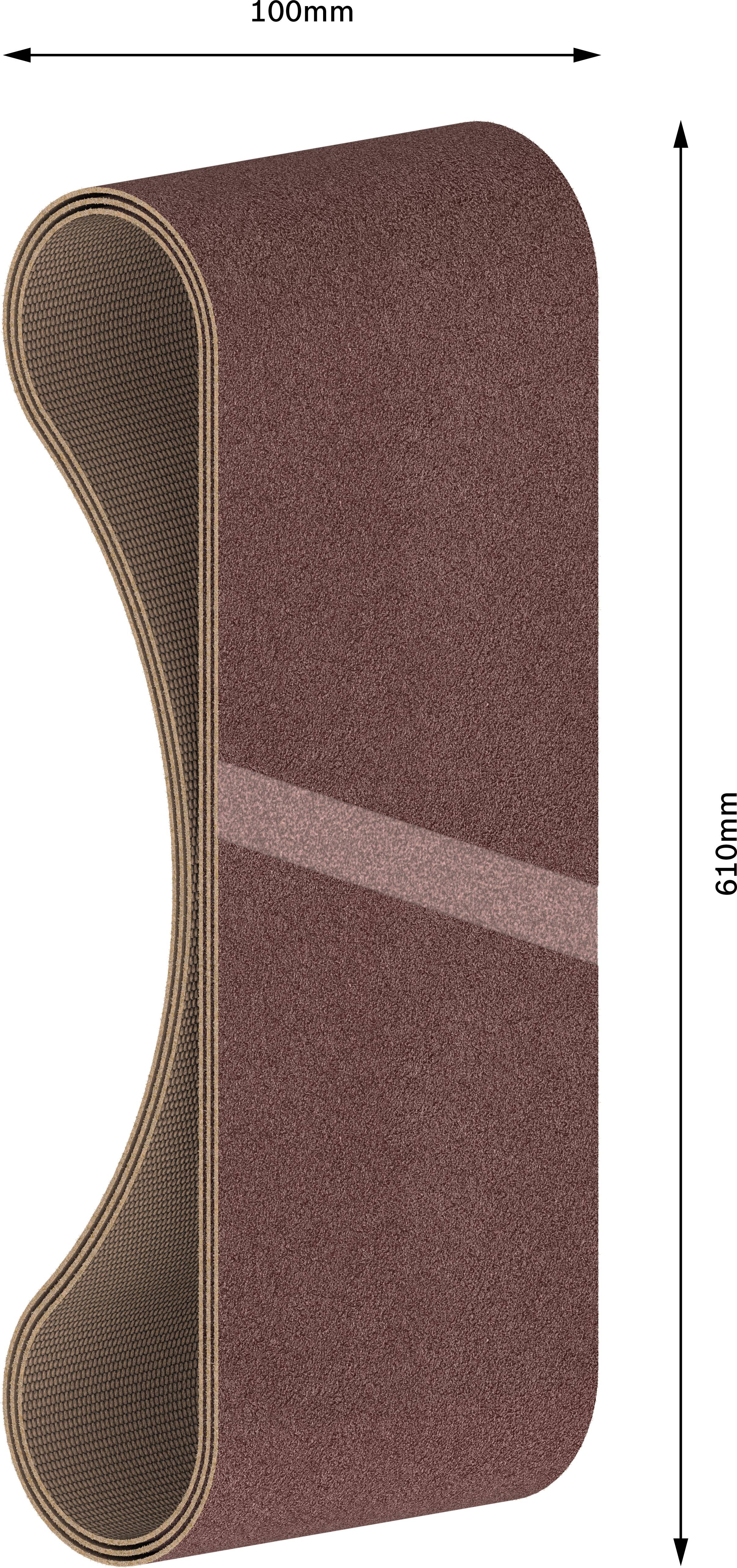 Abbildung eines Schleifbands, 610 mm lang und 100 mm breit, mit brauner Oberfläche und diagonaler heller Linie in der Mitte.