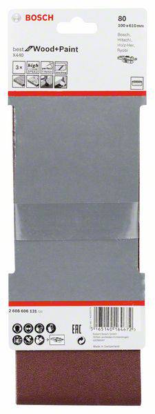 Schleifband von Bosch für Holz und Farbe, Körnung 80, Maße 200 x 620 mm, 3 Stück. Verpackung zeigt Anwendungshinweise.