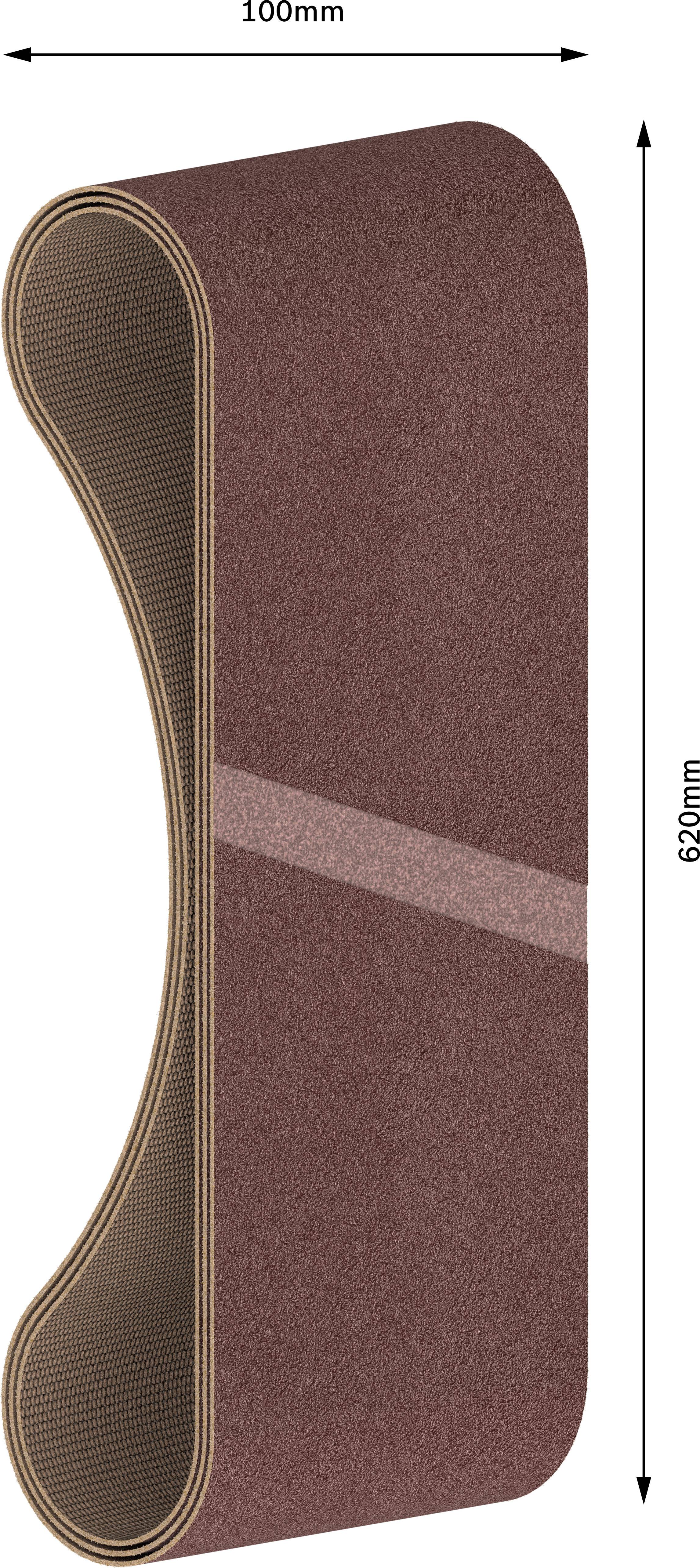 Schleifband mit den Maßen 100 mm Breite und 620 mm Umfang, zeigt die ovale Form und die körnige Oberfläche für Schleifarbeiten.