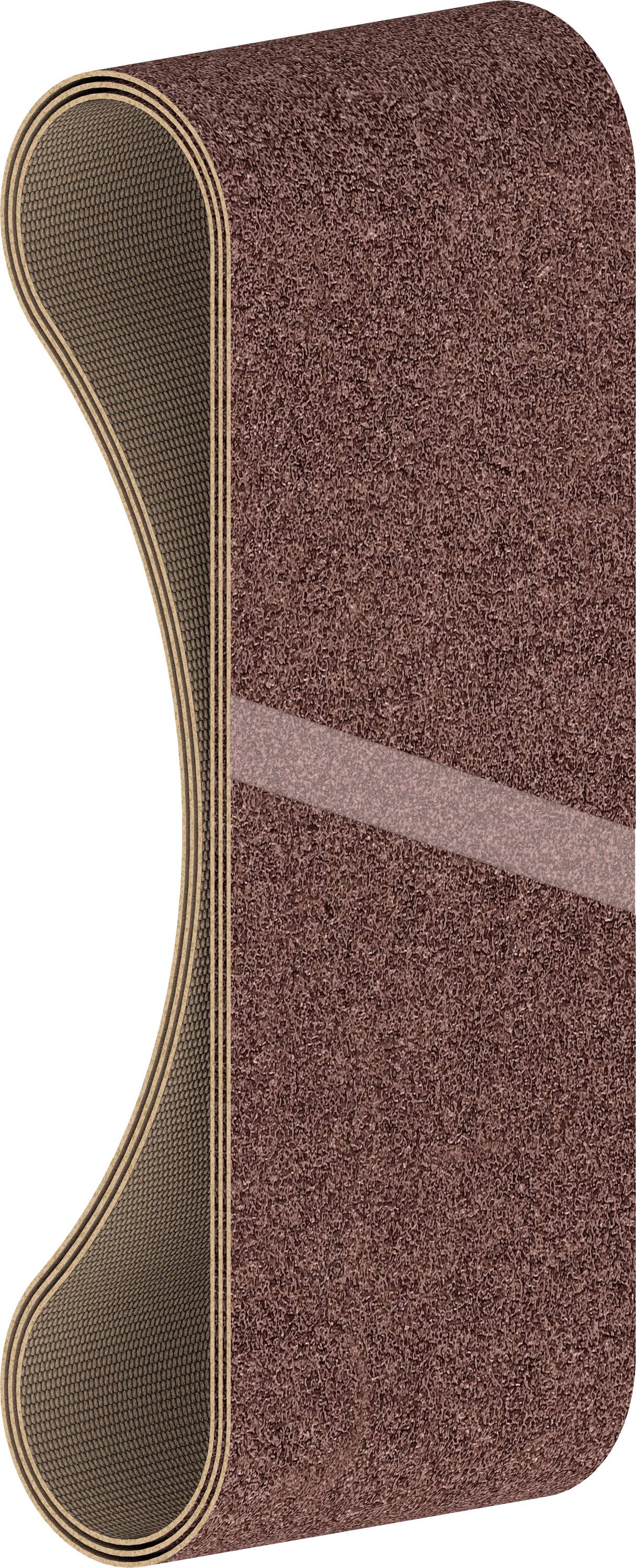 Braunes Schleifband, oval geformt, auf weißem Hintergrund. Es ist strukturiert und wird zum Schleifen von Oberflächen verwendet.
