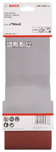 Schleifband von Bosch, 100 x 620 mm, geeignet für Holzarbeiten, kompatibel mit verschiedenen Werkzeugmarken.