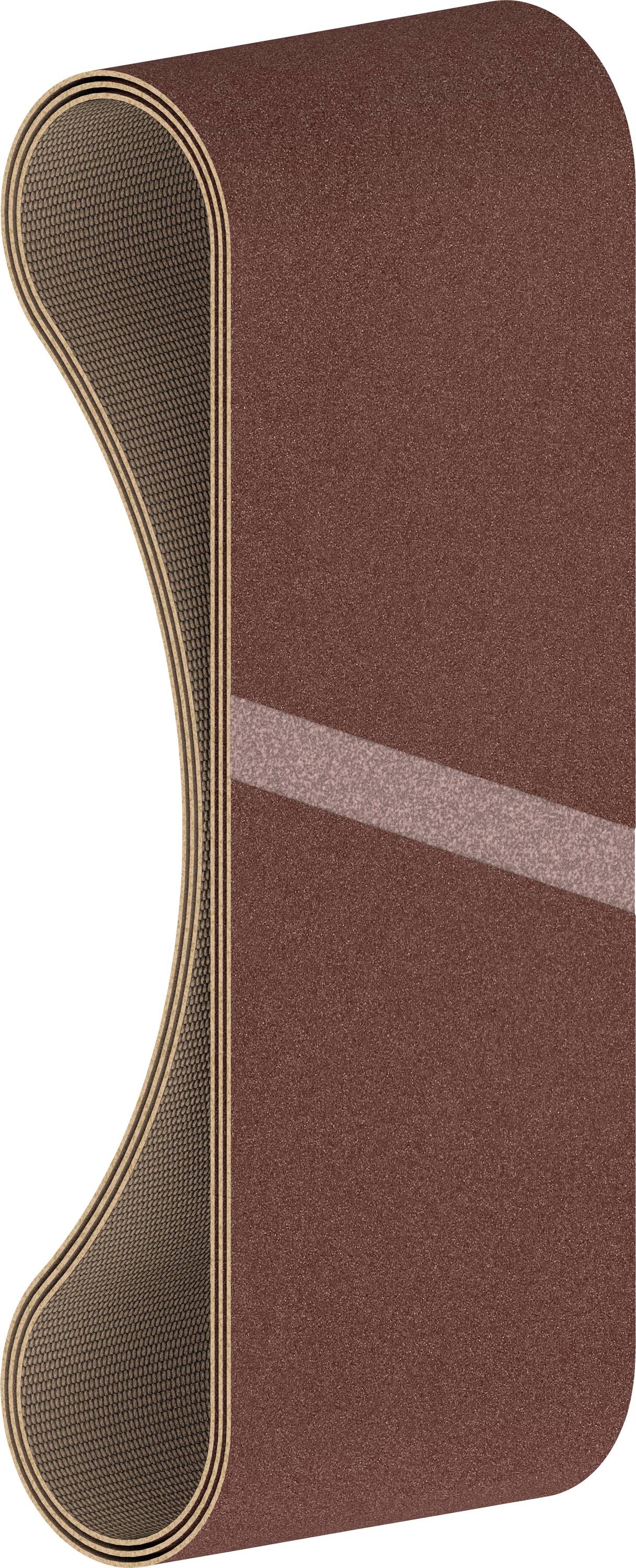 Braunes Schleifband, endlos und an beiden Seiten gebogen. Verwendet für Schleifmaschinen zur Oberflächenbearbeitung.