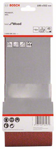 'Bosch' Schleifband für Holz, Maße 100 x 552 mm, Körnung 40, geeignet für Peugeot und Skil Schleifmaschinen. Verpackung vorne.