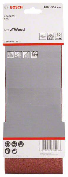 Eine Bosch-Verpackung für Schleifpapier, geeignet für PEUGEOT und SKIL, mit den Maßen 100 x 552 mm, ideal für Holzarbeiten.