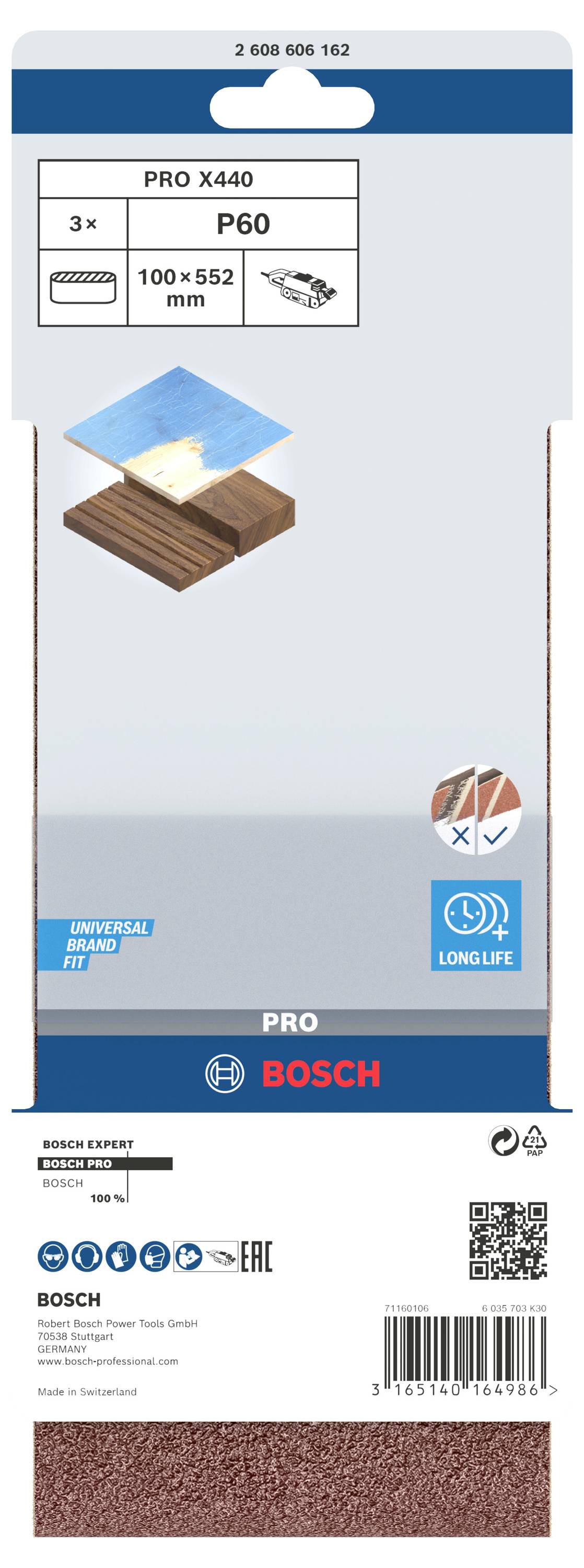 Verpackung von Bosch Schleifpapier, Modell 'Pro X440', Körnung P60, 100 x 552 mm. Geeignet für Holz. Enthält drei Stück.