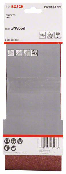 Schleifband von Bosch, 100 x 552 mm, geeignet für Holz, Elemente zur Werkzeugbestimmung und Piktogramme für Anwendungen sichtbar.
