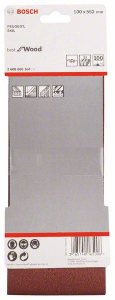 Verpackung von Bosch Schleifpapier, Größe 100 x 552 mm, geeignet für Holz. Enthält Icons mit Anwendungshinweisen und Barcode.