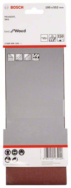 Schleifpapierpackung von Bosch, 100 x 552 mm Größe, geeignet für Holz; Abbildungen zeigen Anwendungshinweise und Körnung 150.