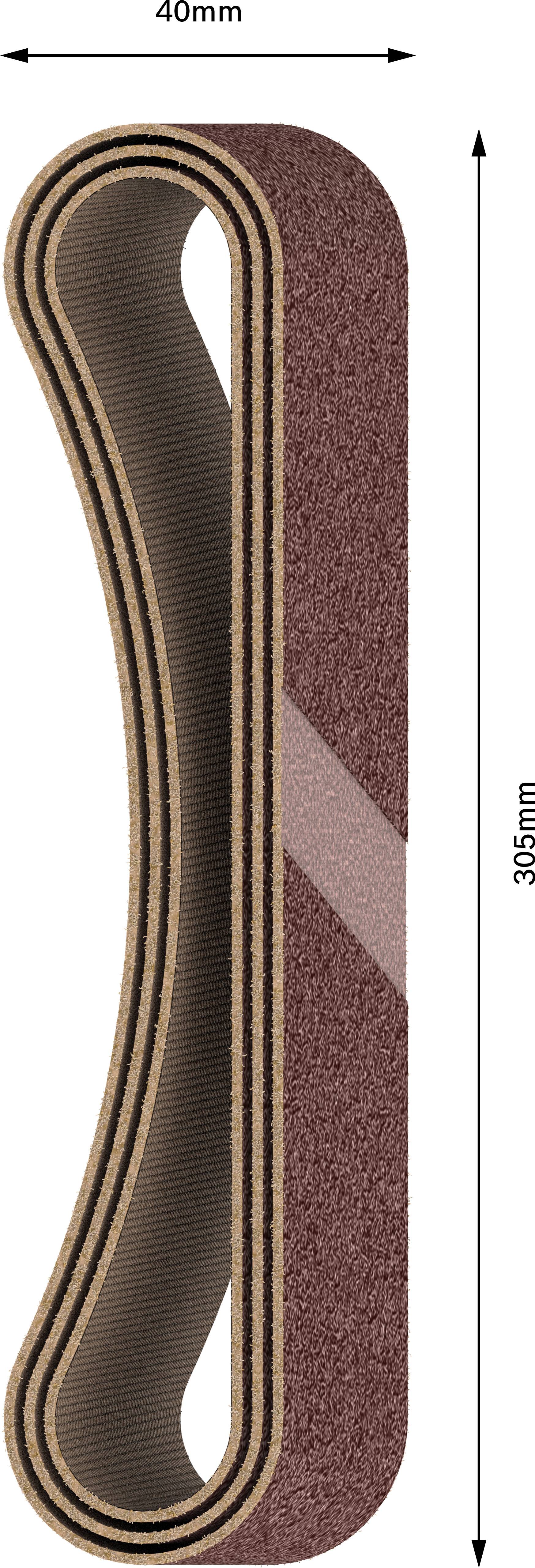 Illustration eines Schleifbands mit den Maßen 40 mm Breite und 3035 mm Länge. Die Schleifoberfläche ist braun.