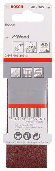 Schleifband-Verpackung, Marke Bosch, geeignet für Holz, 60 Körnung, Maße 40 x 305 mm. Enthält drei hochwertige Schleifbänder.