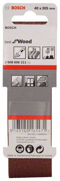 Schleifpapier von Bosch, 40 x 305 mm, geeignet für Holz, enthält 3 Stück mit Körnungen 80, 120, 240. Hergestellt in der Schweiz.