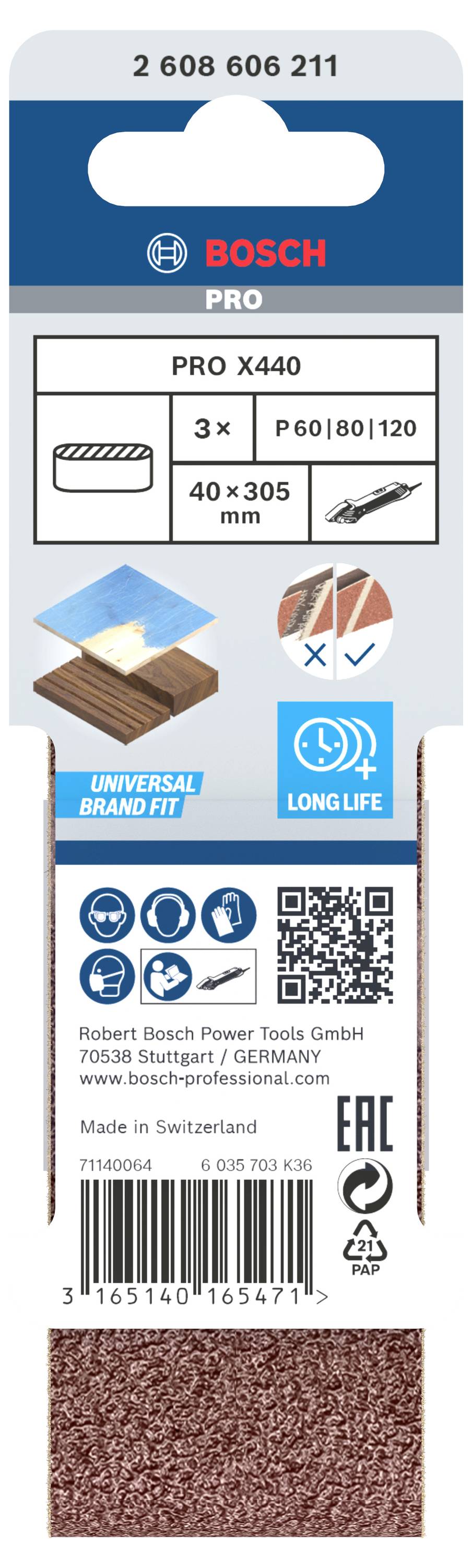 'Bosch Pro X440' Schleifpapier, 3 Stück, Körnung P60/80/120, 40 x 305 mm, universelle Passform, lange Lebensdauer. Hergestellt in der Schweiz.