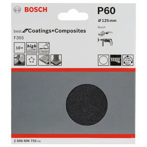Bosch Accessories 2608606755 Schleifpapier für Schleifteller ungelocht Körnung (num) 60 (Ø) 125mm 10St. Bosch Accessories 2608606755 Schleifpapier für Schleifteller ungelocht Körnung (num) 60 (Ø) 125mm 10St.