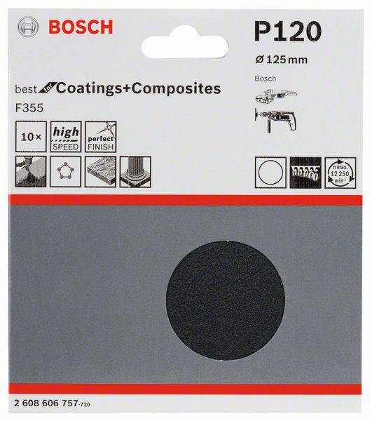 Schleifpapier von Bosch, P120 Körnung, 125 mm Durchmesser, geeignet für Coatings+Composites, mit Abbildung zur Anwendung auf Maschinen.