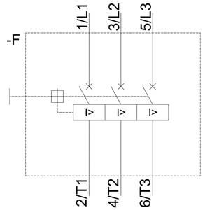 Schaltschema mit Sicherungen 1/L1, 3/L2, 5/L3 und Schalter 2/T1, 4/T2, 6/T3. Verbindungsschaltung dargestellt.