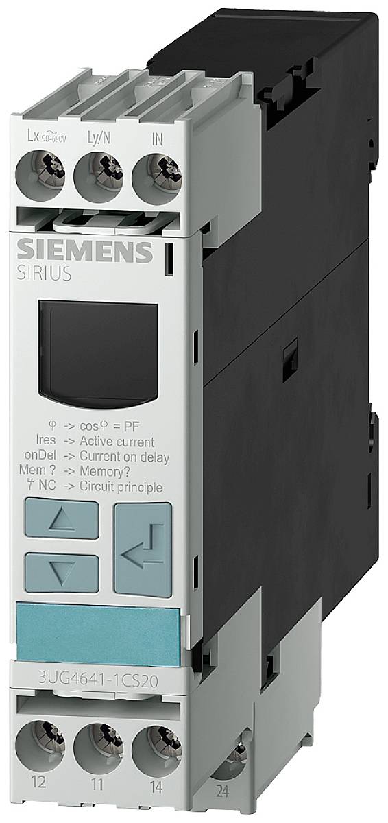 Ein Siemens SIRIUS Überwachungsgerät mit Display und Bedientasten, zeigt elektrische Kenndaten an.