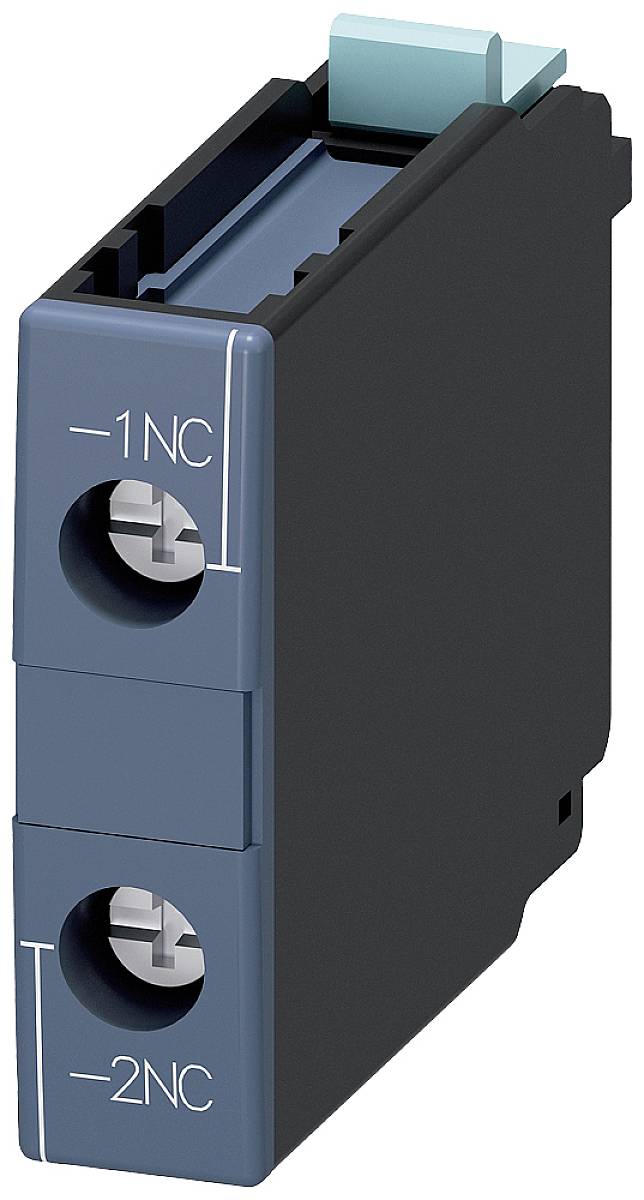 Ein blaues elektrisches Schaltelement mit zwei Anschlüssen, beschriftet mit '1NC' und '2NC'.