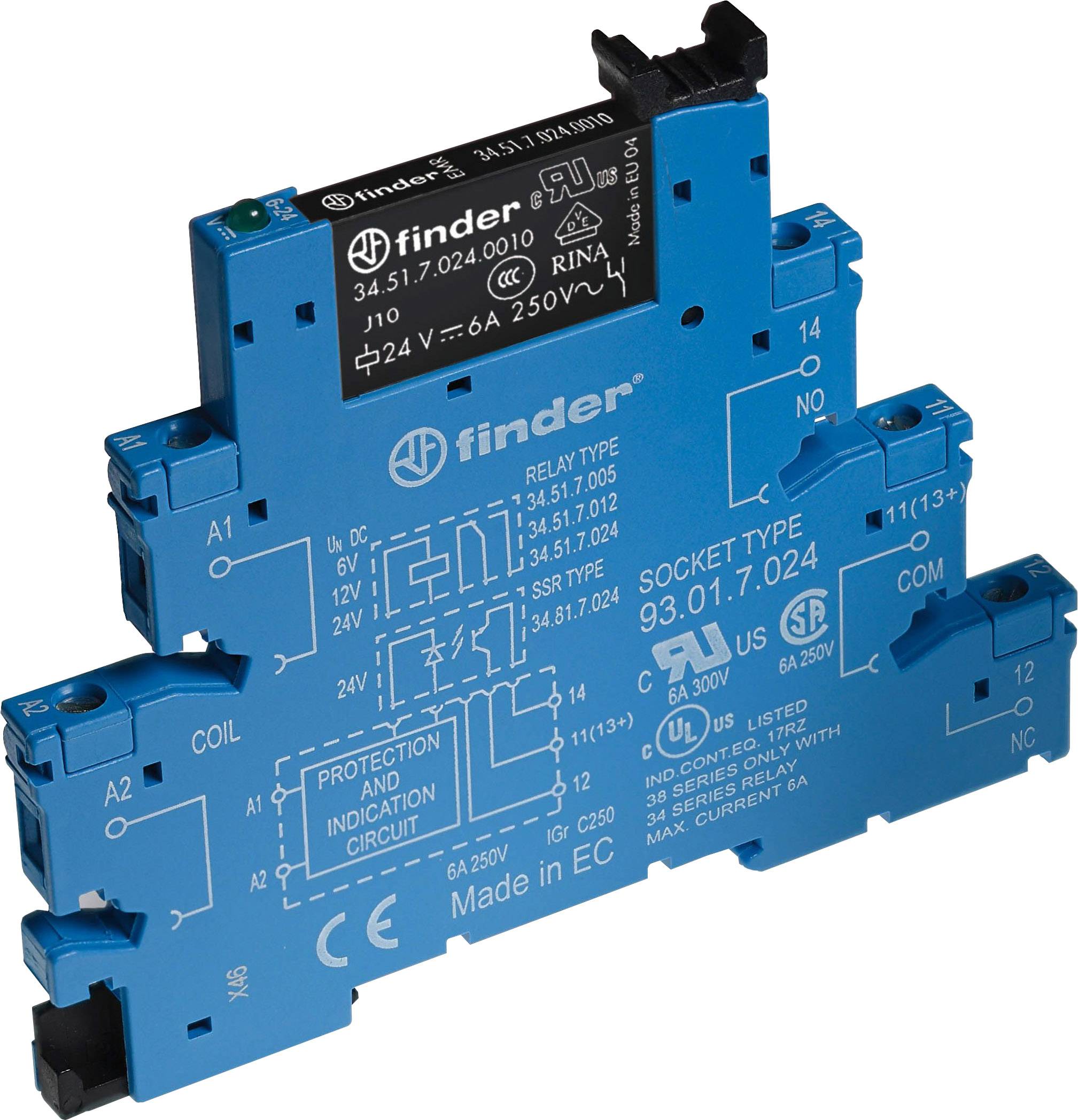 Blaues Finder-Relaismodul für 250V, 6A, mit Beschriftungen zu Schaltungsdetails und Zertifizierungen auf der Oberfläche.