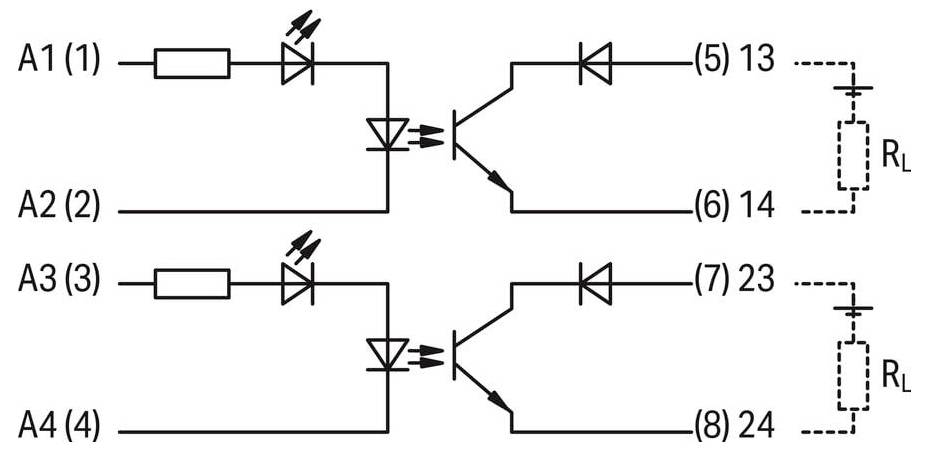 Schaltplan mit A1- und A2-Eingängen, die zur LED und Diode führen, verbunden mit den Punkten (5) bis 13. A3- und A4-Eingänge führen zu einem ähnlichen Aufbau zu (7) dann 23, beide verbunden mit der Last RL.