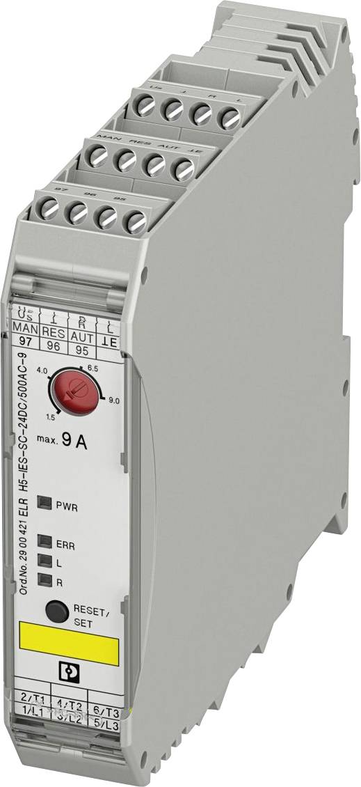 Ein schlankes, graues elektrisches Relais mit beschrifteten Anschlüssen zum Verdrahten, einem roten Testknopf und einem gelben Rücksetztungsknopf auf der Frontplatte.