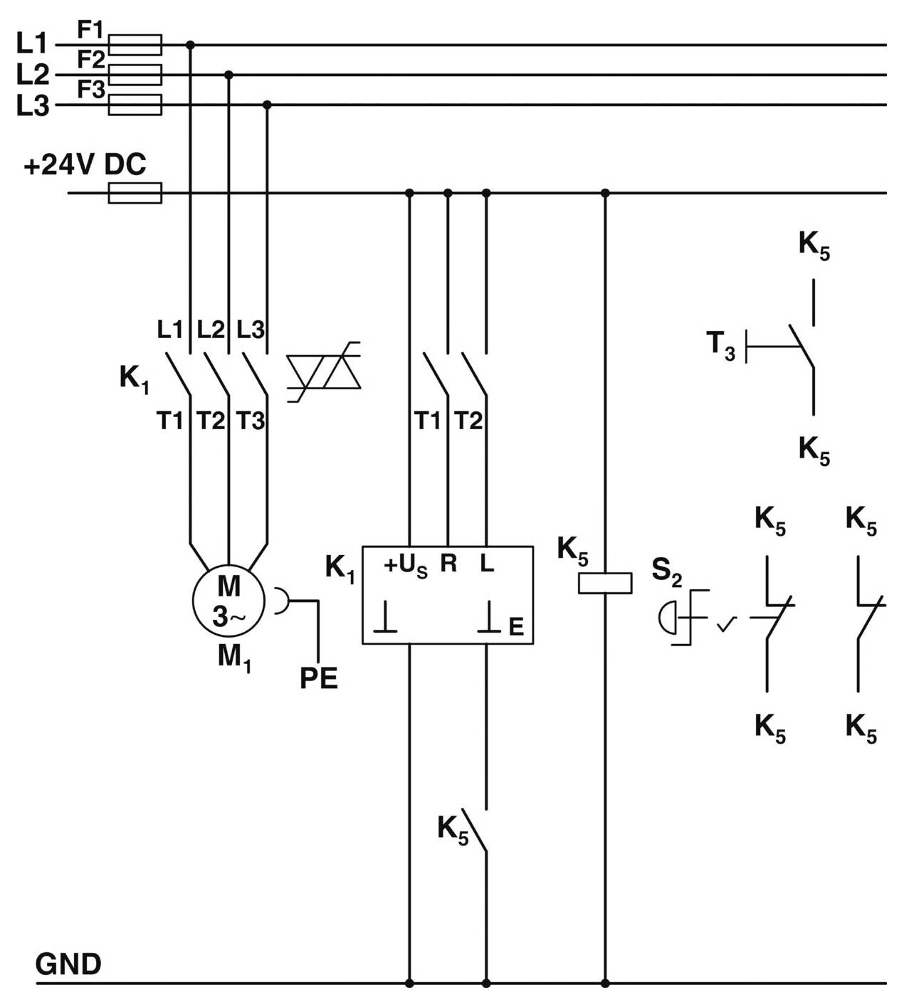 Schaltschema einer Elektroanlage mit Verbindungen zwischen Komponenten einschließlich Sicherungen F1-F3, Transformatoren T1-T3, Schaltern K1-K5 und einem Motor M.