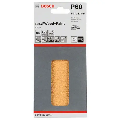 Bosch Accessories Best for Wood 2608607229 Schwingschleifpapier mit Klett, gelocht Körnung num 60 (L x B) 133mm x 80mm 10St. Bosch Accessories Best for Wood 2608607229 Schwingschleifpapier mit Klett, gelocht Körnung num 60 (L x B) 133mm x 80mm 10St.
