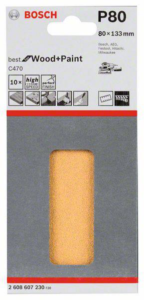 Bosch Accessories 2608607230 Schwingschleifpapier mit Klett, gelocht Körnung num 80 (L x B) 133mm x 80mm 10St.