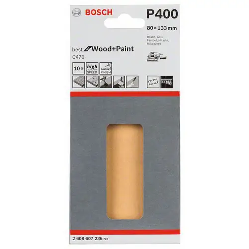 Bosch Accessories Best for Wood 2608607236 Schwingschleifpapier mit Klett, gelocht Körnung 400  (L x B) 133 mm x 80 mm 10 St. Bosch Accessories Best for Wood 2608607236 Schwingschleifpapier mit Klett, gelocht Körnung 400  (L x B) 133 mm x 80 mm 10 St.