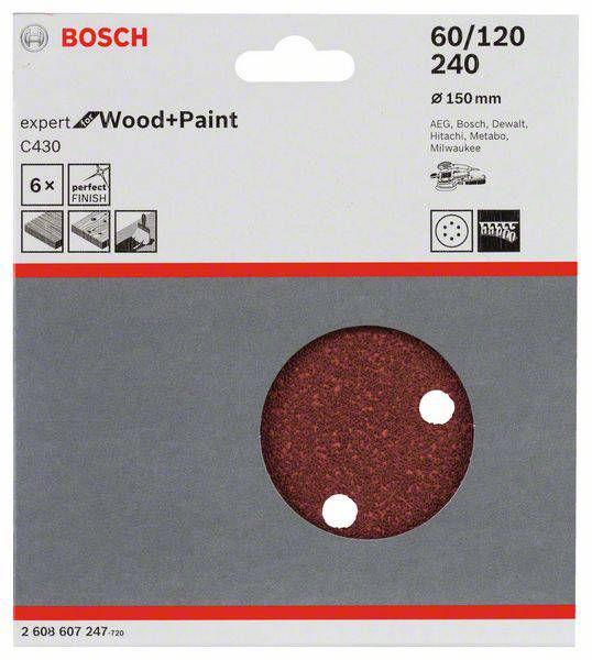 Bosch Accessories 2608607247 Exzenterschleifpapier-Set mit Klett, gelocht Körnung (num) 60, 120, 240 (Ø) 150mm 1 Set