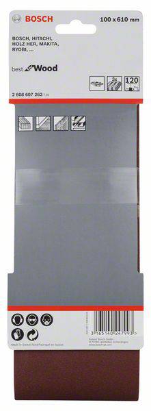 Schleifband von Bosch, Maße 100 x 610 mm, Körnung 120, für Holz geeignet. Geeignet für Bosch, Hitachi, Holz-Her, Makita, Ryobi.