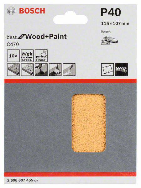 Bosch Accessories Best for Wood 2608607455 Schwingschleifpapier mit Klett, gelocht Körnung num 40 (L x B) 107mm x 115mm 10St.