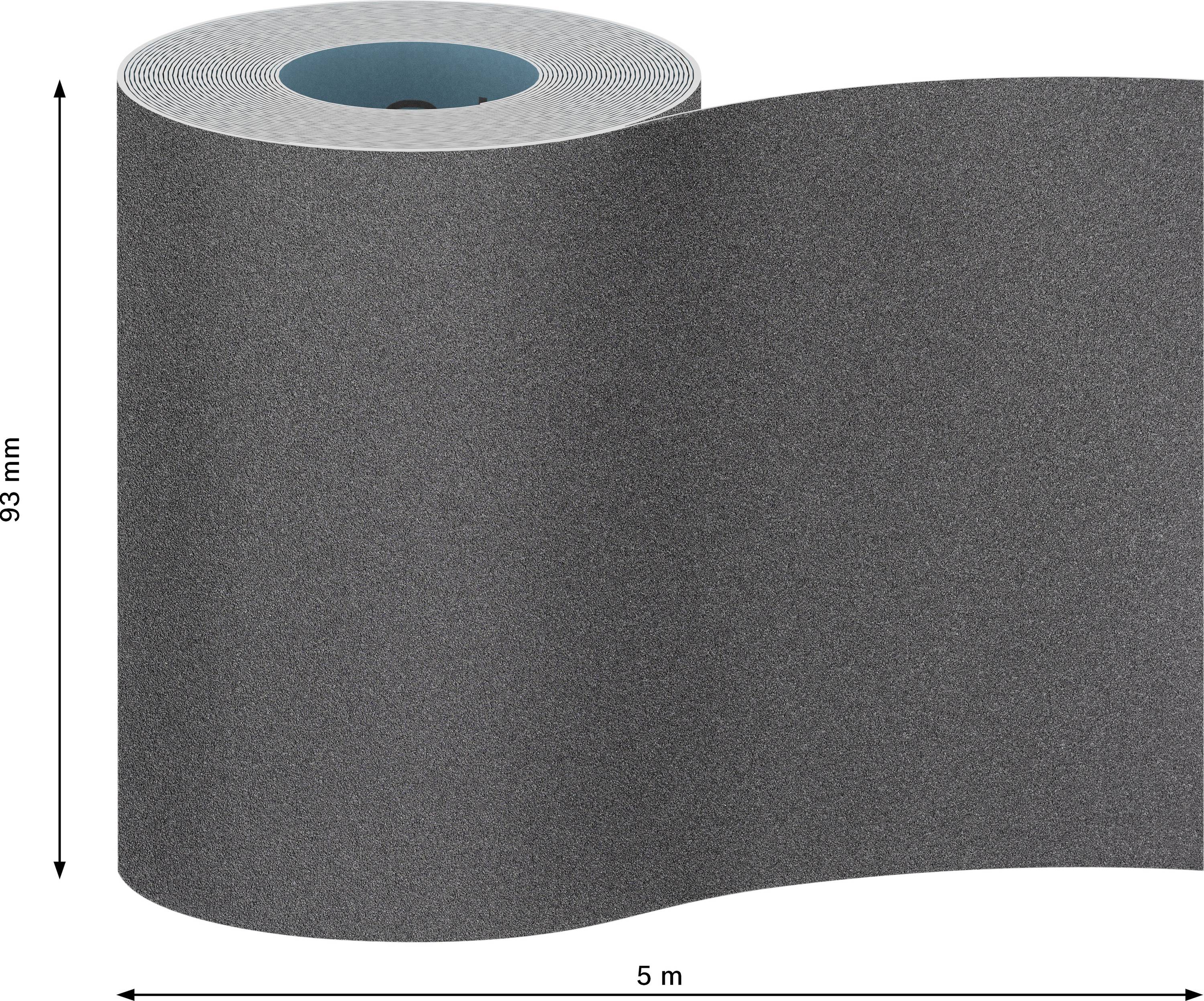 Rolle mit Schmirgelpapier, Breite 93 mm und Länge 5 m, dunkle Farbe.