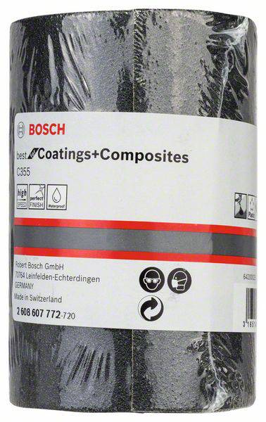 Rolle Schleifpapier von Bosch, Modell C355, Made in Switzerland, geeignet für Beschichtungen und Verbundstoffe.