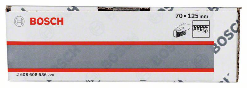 Eine Bosch-Verpackung für Schleifpapier. Maße: 70 x 125 mm. Ein Symbol oben rechts zeigt die Handhabung der Blätter.