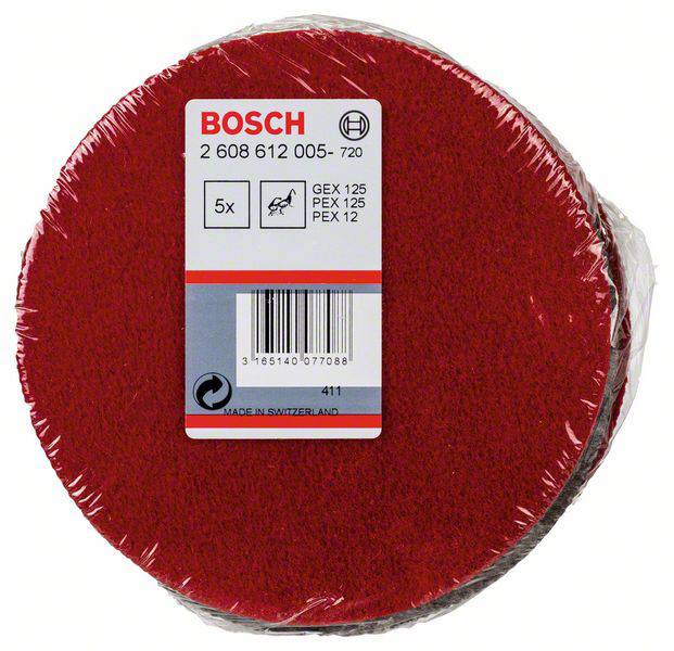 Rotes Schleifpapier-Set von Bosch, bestehend aus 5 runden Blättern mit der Kennung '2 608 612 005-720', geeignet für GEX 125 und PEX 12.