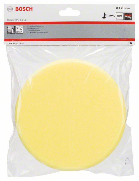 Ein runder, gelber Polierschwamm in einer transparenten Verpackung. Oben links das Bosch-Logo, darunter Produktinformationen.