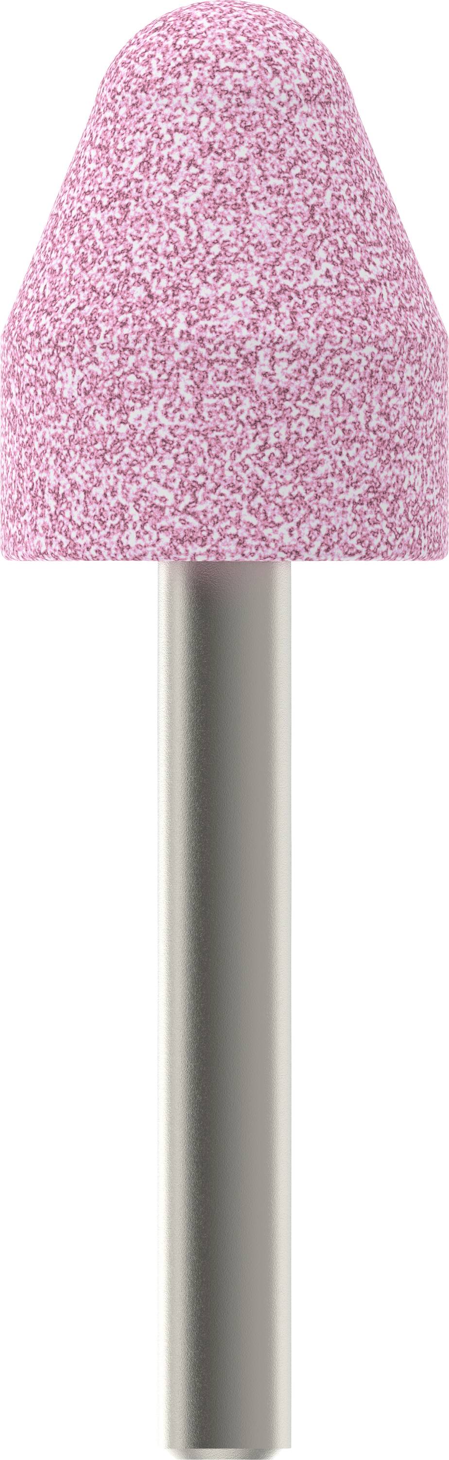 Ein rosa Schleifaufsatz in Kegelstumpfform mit Metallgriff, verwendet für präzises Schleifen oder Polieren in handwerklichen Arbeiten.