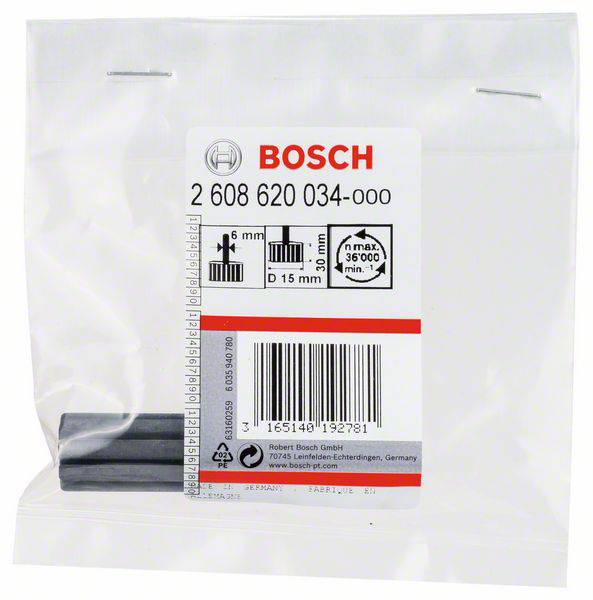 Plastiktüte mit Bosch-Logo, enthält Schleifstifte. Aufdruck zeigt Größenangaben: 6 mm Breite, 15 mm Durchmesser, max. 36.000 min⁻¹.