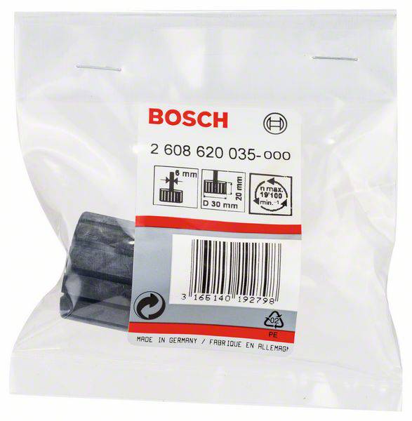 Eine Bosch-Verpackung mit der Artikelnummer 2 608 620 035-000. Enthält ein schwarzes Werkzeugteil mit Spezifikationen zum Durchmesser.