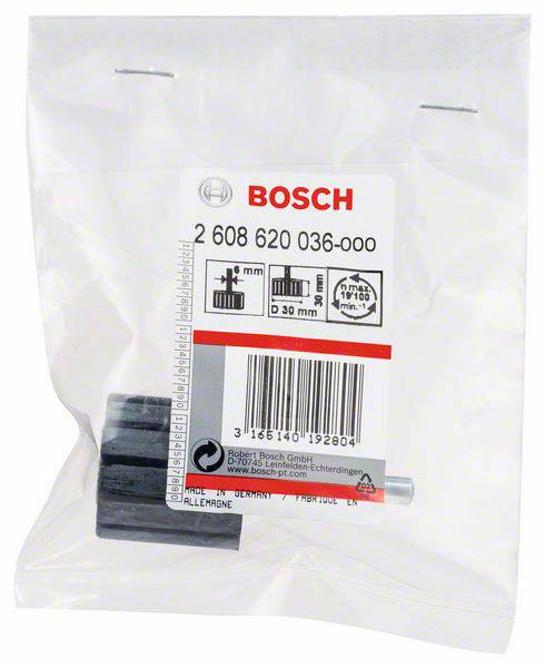 'Bosch' Ersatzkohlebürsten, Modellnummer: 2 608 620 036-000, Abmessungen: 6x9x15 mm, im transparenten Beutel mit Barcode und Logo.