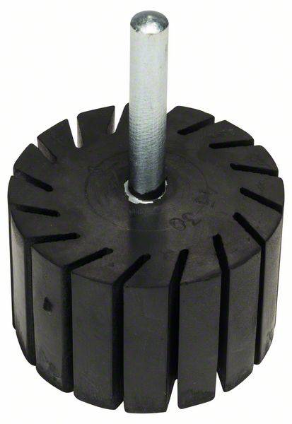 Schwarzer Gummipuffer mit Schlitzen, auf einem Metallstab montiert; wird zur Dämpfung oder als Puffer in Maschinen verwendet.