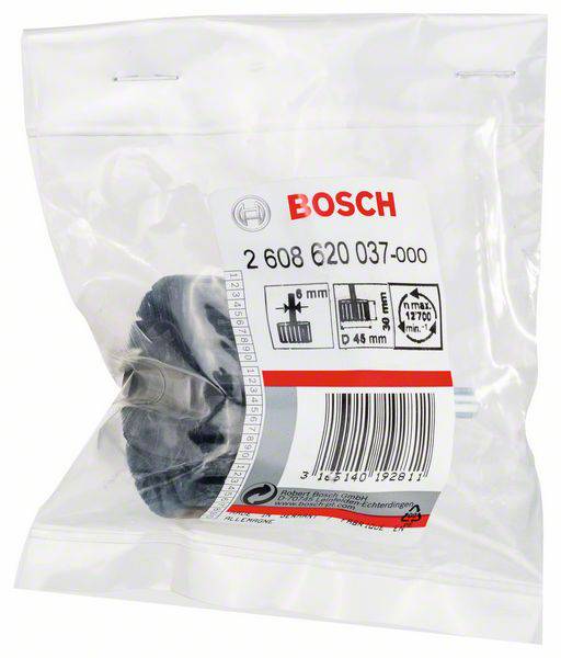 Beutel mit einem Bosch-Bohr-Zubehörteil. Aufdruck zeigt Produktmaße: Durchmesser 45 mm, vorhergesehene Anwendung: Bohren.