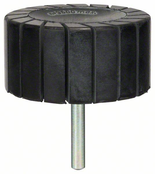 Ein runder, schwarzer Gummischleifkopf mit gezackten Kanten auf einem Metallstift.