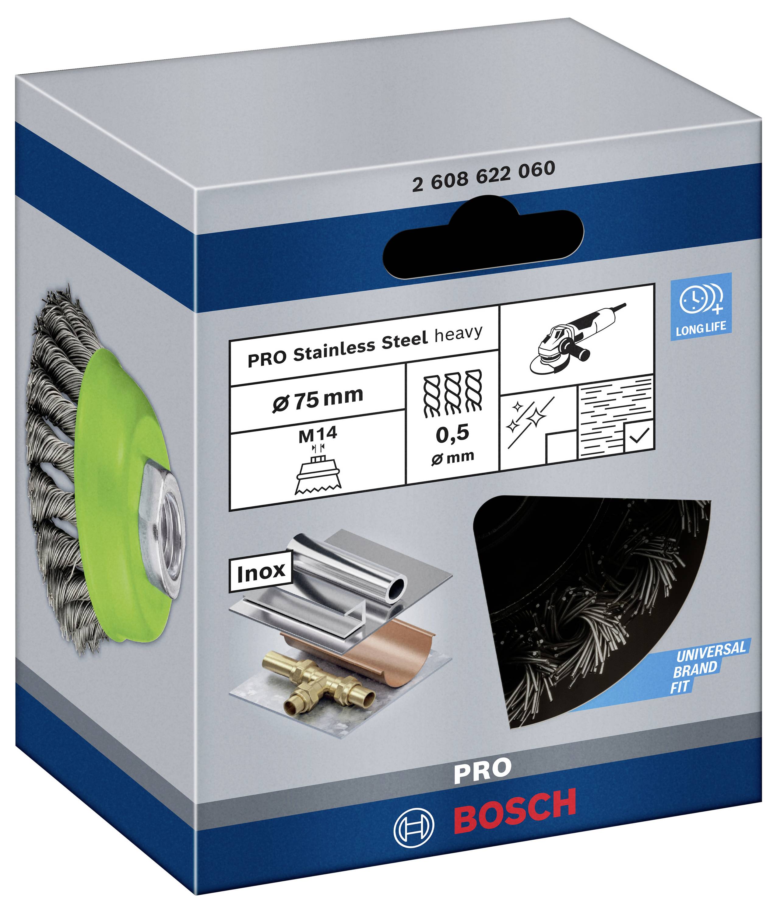 Bosch Accessories Topfbürste, Edelstahl, gezopfter Draht, 75 mm, 0,5 mm, 12500 U/ min, M 14 2608622060 1St.