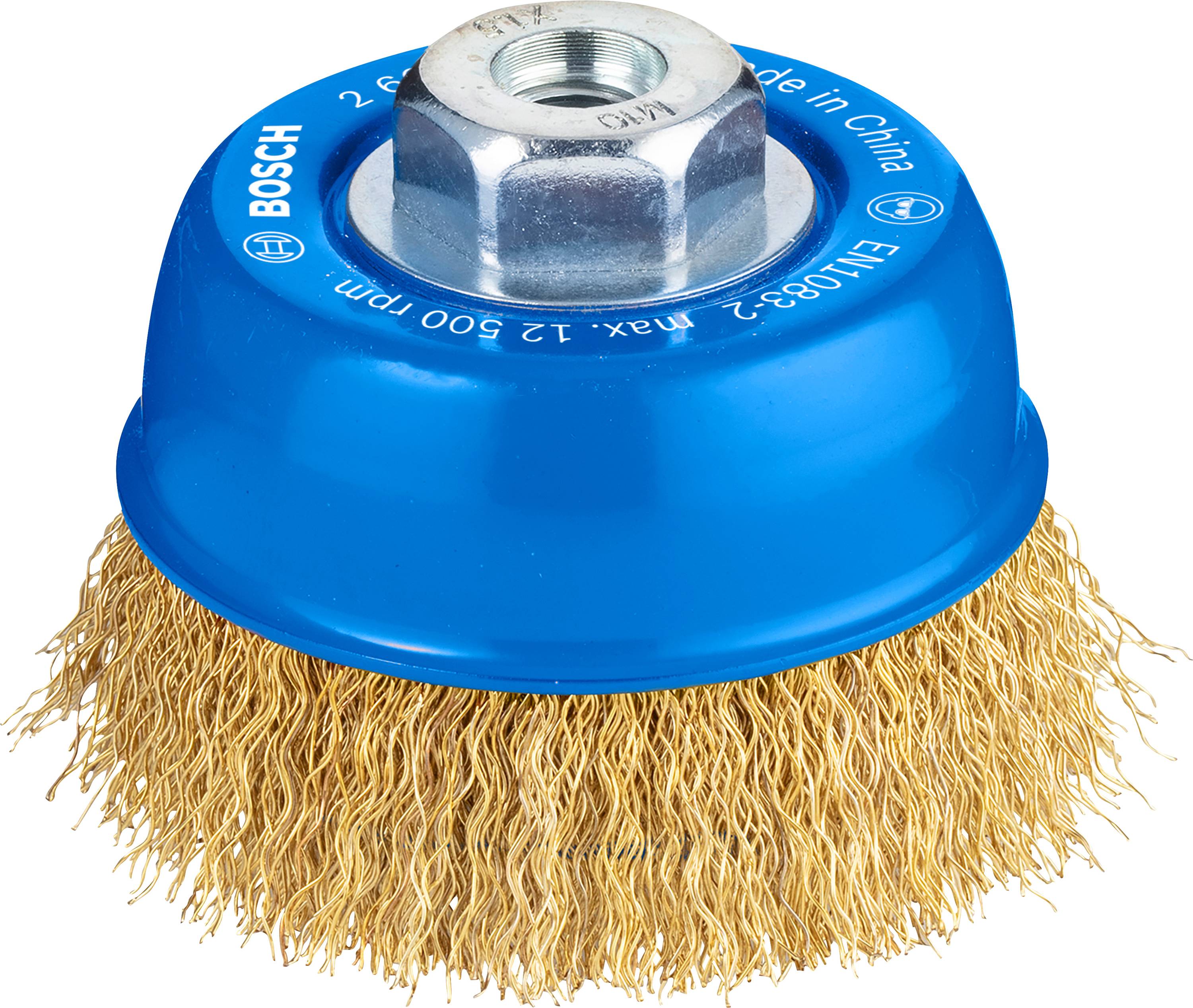 Stahldrahtbürste mit blauer Kunststoffkappe, geeignet für Winkelschleifer. Verwendet zum Entfernen von Rost und Farbe auf Metalloberflächen.