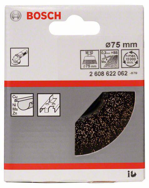 Verpackung eines Bosch Trennscheiben-Adapters, Ø75 mm. Zeigt Symbole für Kompatibilität mit Werkzeugen und Materialien.