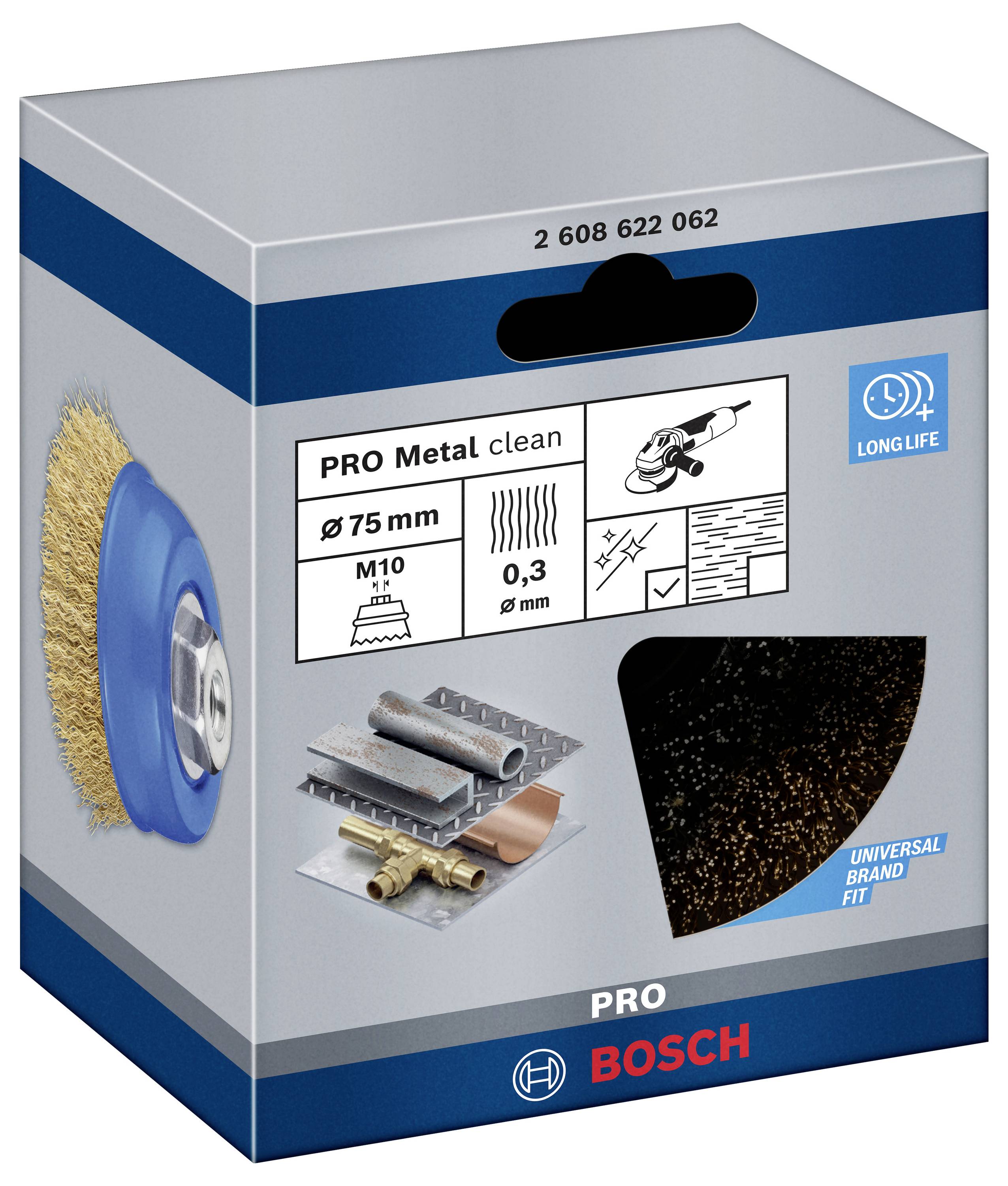 Verpackung einer Bosch Metallbürste. Zeigt Produktbild, Hauptmerkmale: Durchmesser 75 mm, M10, 0,3 mm Drahtstärke. Für Metallreinigung.