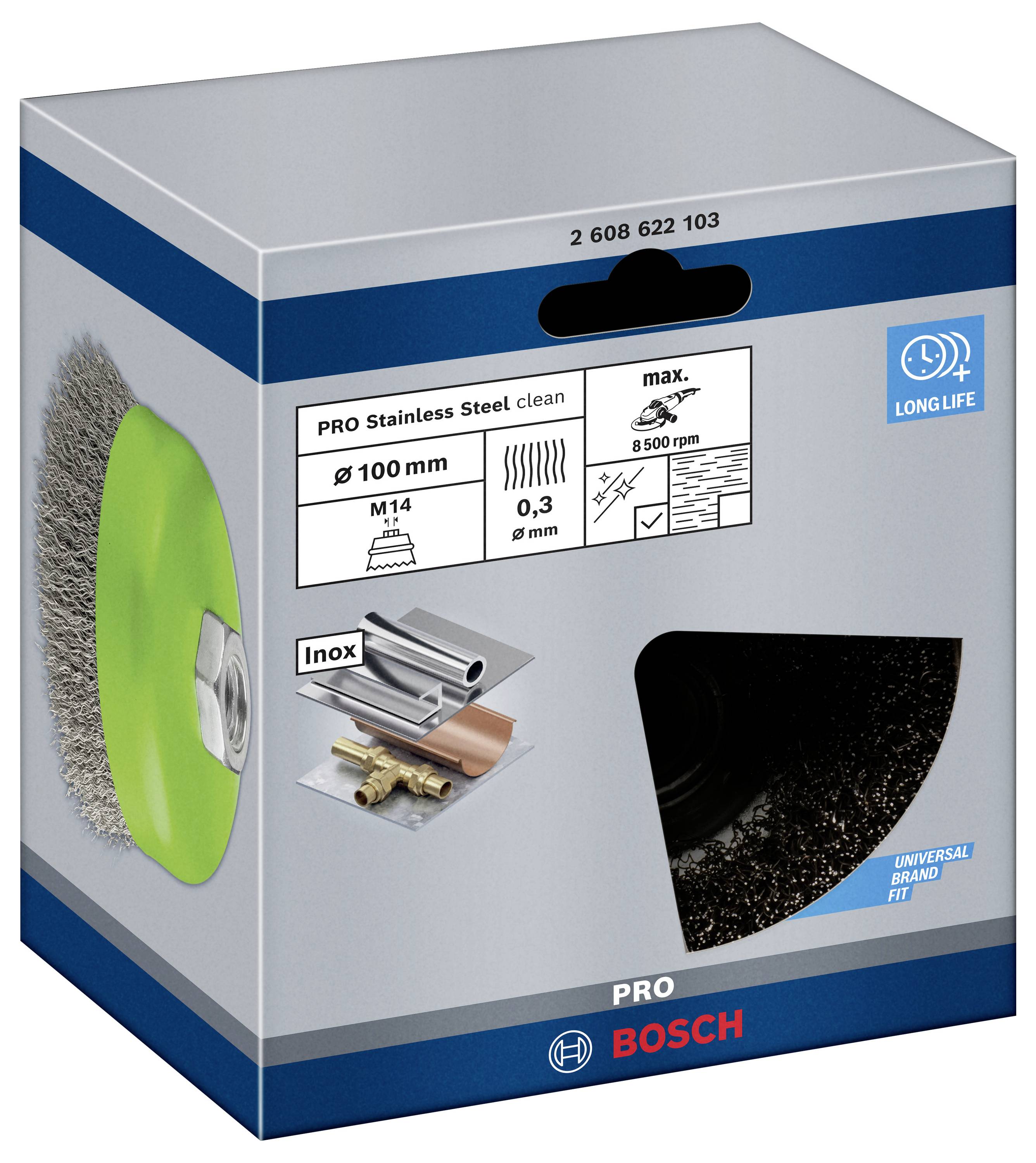 Bosch Accessories Topfbürste, Edelstahl, gewellter Draht, 100 mm, 0,3 mm, 8500 U/min, M14 2608622103 1 St.