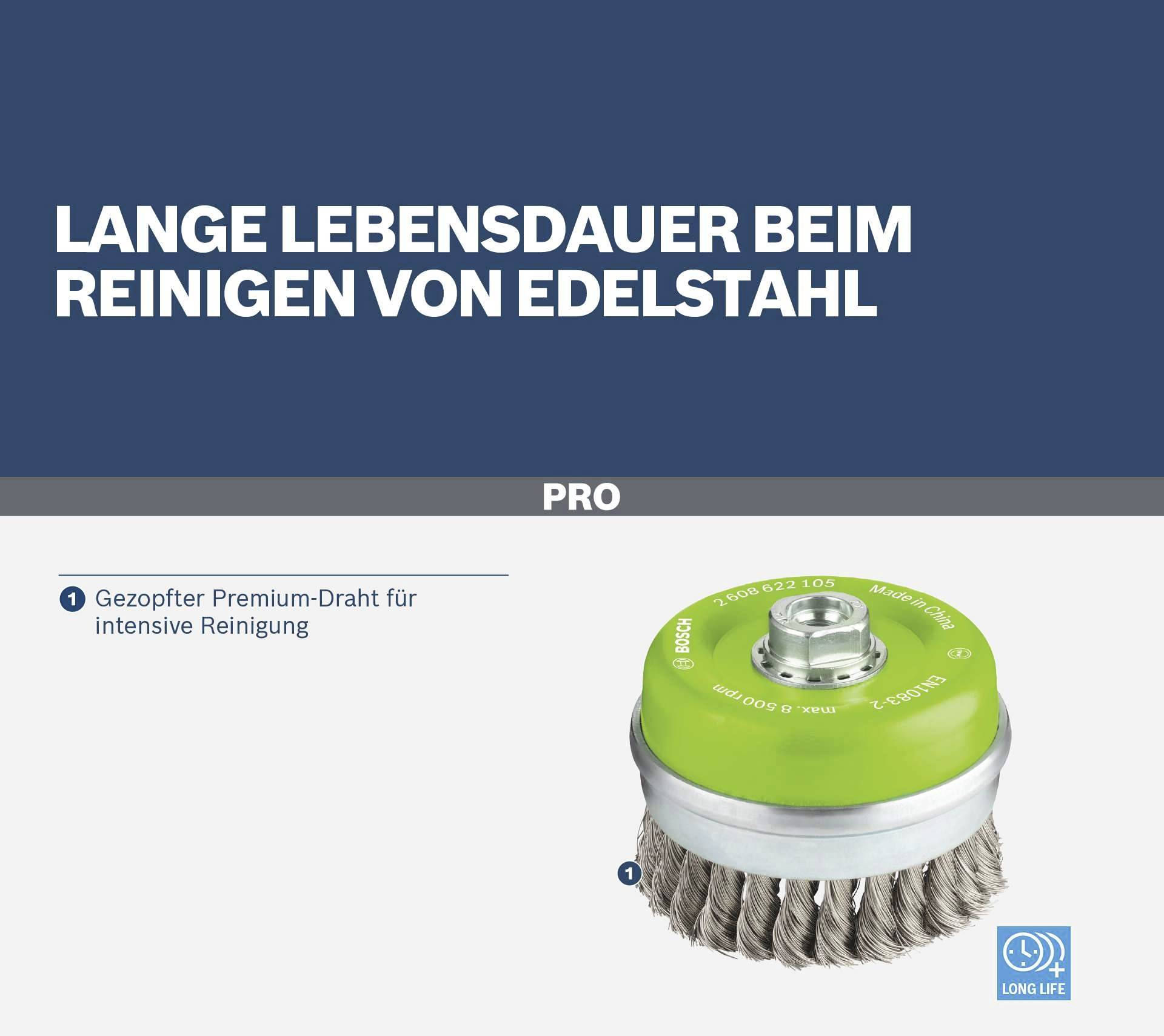 Bosch Accessories Topfbürste, Edelstahl, gezopfter Draht, 100 mm, 0,35 mm, 8500 U/ min, M14 2608622105 1St.